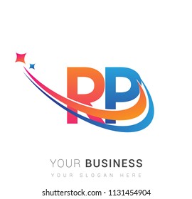 initial letter RP logotype company name colored orange, red and blue swoosh star design. vector logo for business and company identity.