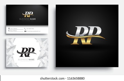 initial letter RP logotype company name colored gold and silver swoosh design. Vector sets for business identity on white background.