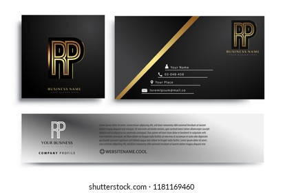 initial letter RP logotype company name colored gold elegant design. Vector sets for business identity on black background.