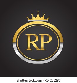 initial letter RP logotype company name with oval shape and crown, gold and silver color. vector logo for business and company identity.