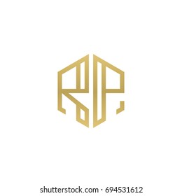 Initial letter RP, minimalist line art hexagon shape logo, gold color