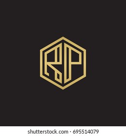 Initial letter RP, minimalist line art hexagon logo, gold color on black background