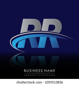 initial letter RR logotype company name colored blue and grey swoosh design. vector logo for business and company identity.
