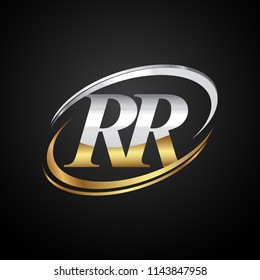 initial letter RR logotype company name colored gold and silver swoosh design. isolated on black background.