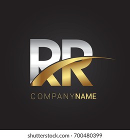 initial letter RR logotype company name colored gold and silver swoosh design. isolated on black background.