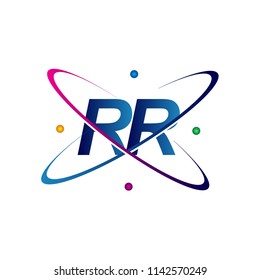initial letter RR logotype science icon colored blue, red, green and yellow swoosh design. vector logo for business and company identity.
