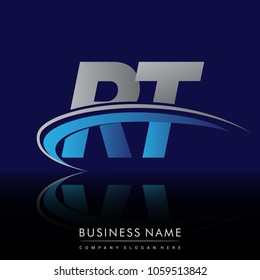 initial letter RT logotype company name colored blue and grey swoosh design. vector logo for business and company identity.