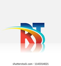 initial letter RT logotype company name colored red and blue and swoosh design. vector logo for business and company identity.
