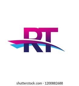 initial letter RT logotype company name colored blue and magenta swoosh design. vector logo for business and company