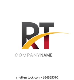 initial letter RT logotype company name colored red, black and yellow swoosh design. isolated on white background.
