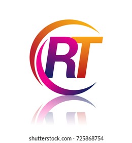 initial letter RT logotype company name orange and magenta color on circle and swoosh design. vector logo for business and company identity.