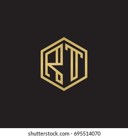 Initial letter RT, minimalist line art hexagon logo, gold color on black background