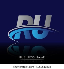 initial letter RU logotype company name colored blue and grey swoosh design. vector logo for business and company identity.