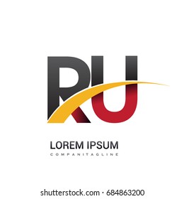 initial letter RU logotype company name colored red, black and yellow swoosh design. isolated on white background.
