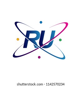 initial letter RU logotype science icon colored blue, red, green and yellow swoosh design. vector logo for business and company identity.
