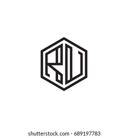 Initial letter RU, minimalist line art monogram hexagon logo, black color