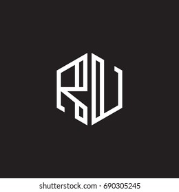 Initial letter RU, minimalist line art monogram hexagon shape logo, white color on black background