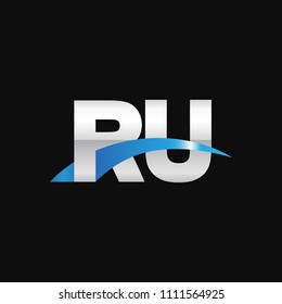 Initial letter RU, overlapping movement swoosh logo, metal silver blue color on black background
