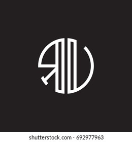 Initial letter RU, RV, minimalist line art monogram circle shape logo, white color on black background