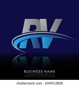 initial letter RV logotype company name colored blue and grey swoosh design. vector logo for business and company identity.