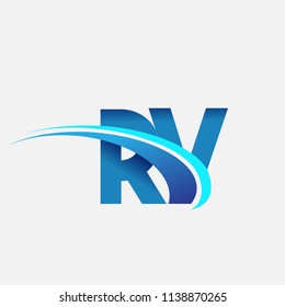 initial letter RV logotype company name colored blue and swoosh design. vector logo for business and company identity.