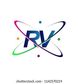 initial letter RV logotype science icon colored blue, red, green and yellow swoosh design. vector logo for business and company identity.
