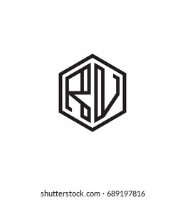 Initial letter RV, minimalist line art monogram hexagon logo, black color