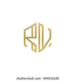 Initial letter RV, minimalist line art hexagon shape logo, gold color