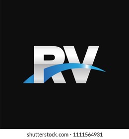 Initial letter RV, overlapping movement swoosh logo, metal silver blue color on black background