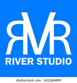 Initial Letter RVR With Word River Studio Logo Icon Vector Illustration Isolated on Blue Background