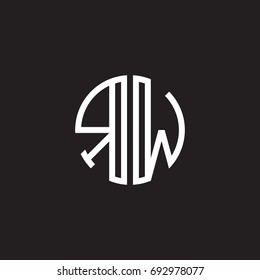 Initial letter RW, minimalist line art monogram circle shape logo, white color on black background