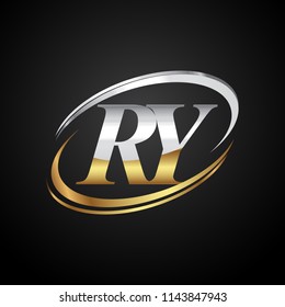 initial letter RY logotype company name colored gold and silver swoosh design. isolated on black background.