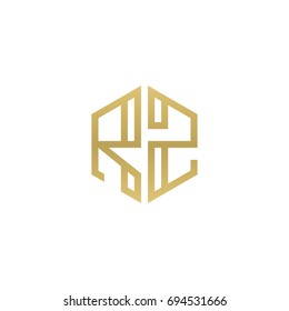 Initial letter RZ, minimalist line art hexagon shape logo, gold color