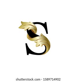Initial letter S, 3D luxury golden leaf overlapping black sherif font on white background