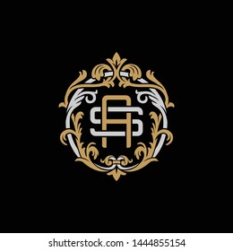 Initial letter S and A, SA, AS, decorative ornament emblem badge, overlapping monogram logo, elegant luxury silver gold color on black background