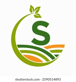 Initial Letter S Agriculture And Farming Logo Combine With Field and Leaf Symbol