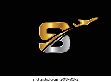 Initial letter S with airplane Logo Design. Airline, airplane, aviation, travel logo template.