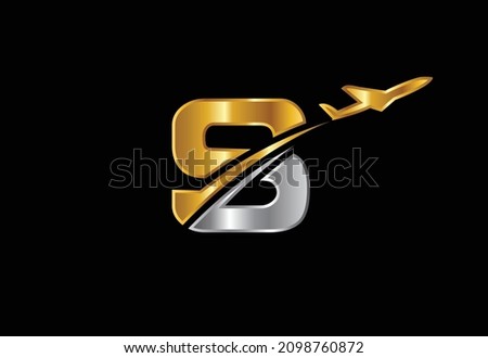 Initial letter S with airplane Logo Design. Airline, airplane, aviation, travel logo template.