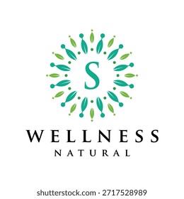Letra inicial S alfabeto bienestar, verde, hojas, natural, salud, orgánico, diseño de logotipo, hoja circular naturaleza icono gráfico Vector Plantilla