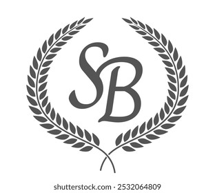 Initial letter S and B, SB monogram logo design with laurel wreath. Luxury calligraphy font.
