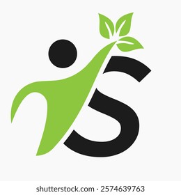 Initial Letter S Bio or Healthcare Logo Design Concept With Human And Green Leaf Symbol