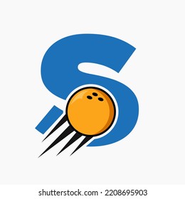 Initial Letter S Bowling Logo Concept With Moving Bowling Ball Icon. Bowling Sports Logotype Symbol Vector Template