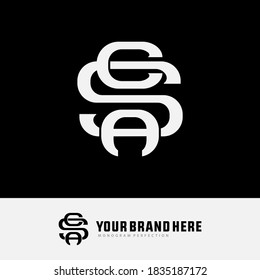 Initial letter S, C, A, SCA, SAC, CSA, CAS, ASC or ACS overlapping, interlock, monogram logo, white color on black background