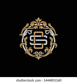 Initial letter S and C, SC, CS, decorative ornament emblem badge, overlapping monogram logo, elegant luxury silver gold color on black background