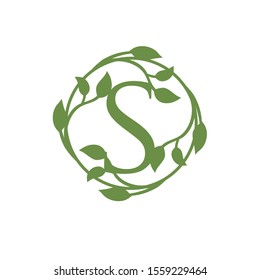 initial letter S with circle green leaf vector illustration
