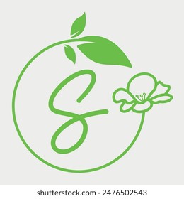Letra inicial S círculo de hojas y flores logo diseño. Fuente de letra del alfabeto floral simple y elegante. Ilustración vectorial.