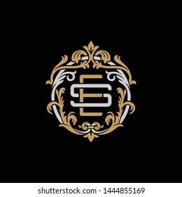 Initial letter S and E, SE, ES, decorative ornament emblem badge, overlapping monogram logo, elegant luxury silver gold color on black background