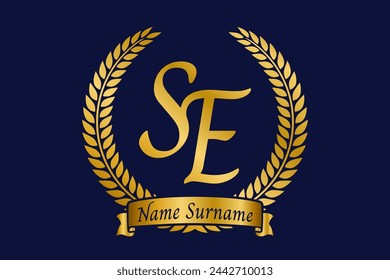 Initial letter S and E, SE monogram logo design with laurel wreath. Luxury golden calligraphy font.