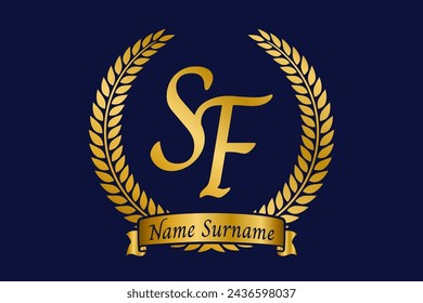 Initial letter S and F, SF monogram logo design with laurel wreath. Luxury golden emblem with calligraphy font.