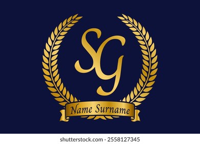 Initial letter S and G, SG monogram logo design with laurel wreath. Luxury golden calligraphy font.